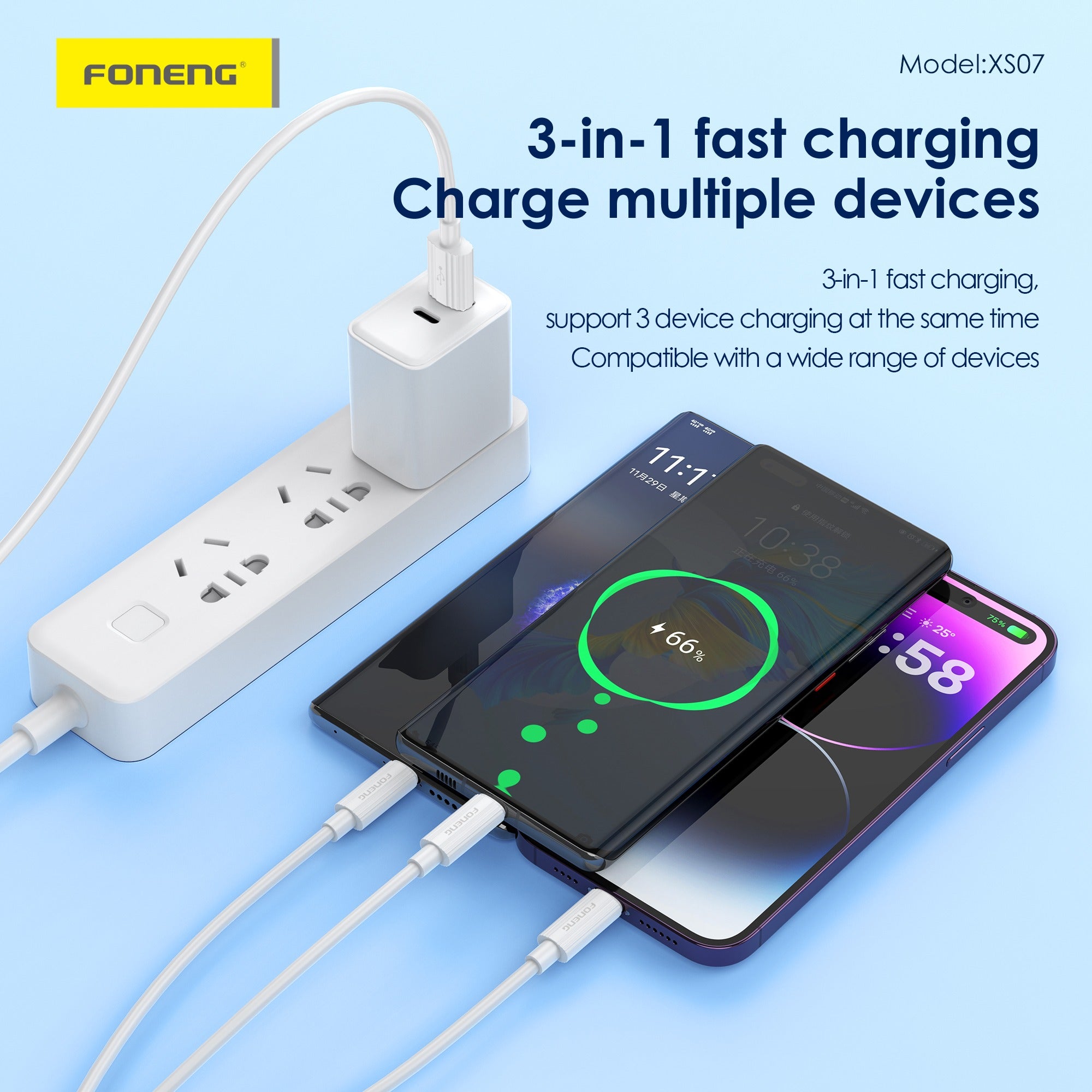 Foneng XS07 3 In 1 Charging Cable 1.2m 2.4a Type C/micro/iPhone