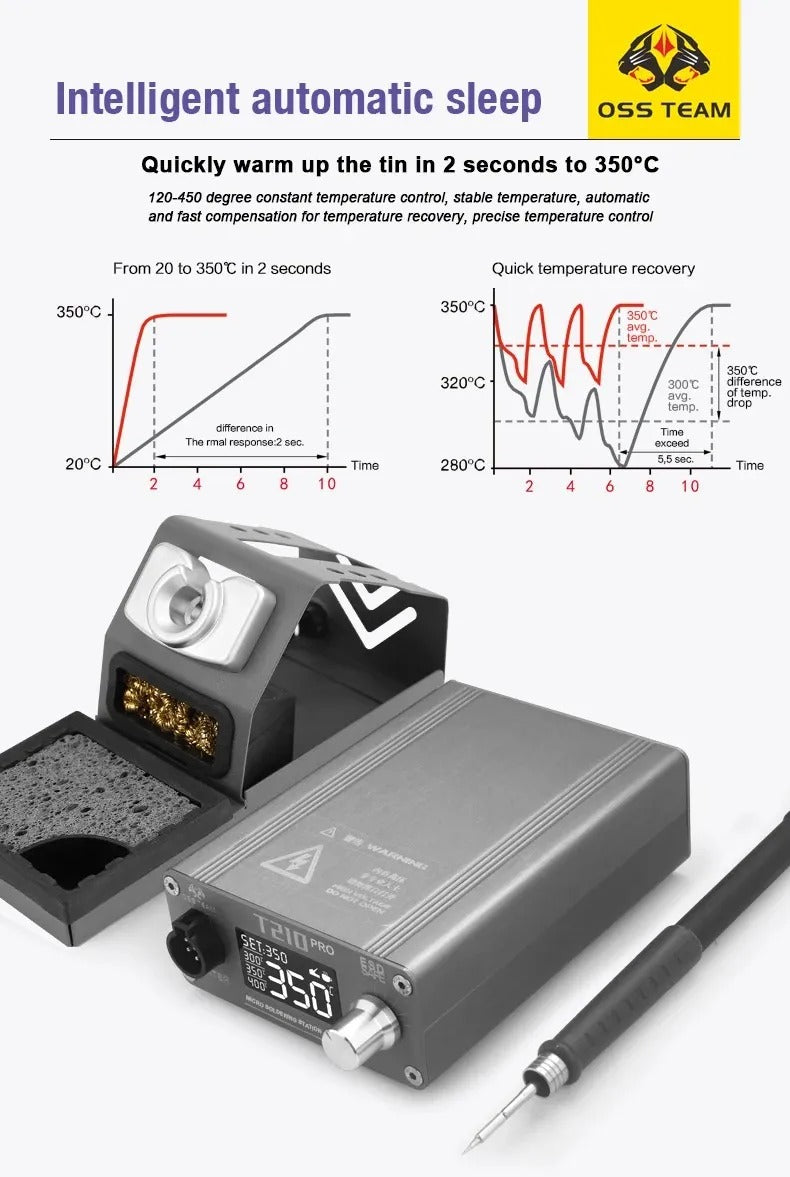 OSS Team T210 Pro Soldering Iron Station, 2S Rapid Heating, 75W, LCD Display, Aluminum Alloy Shell, Includes 3 Bits