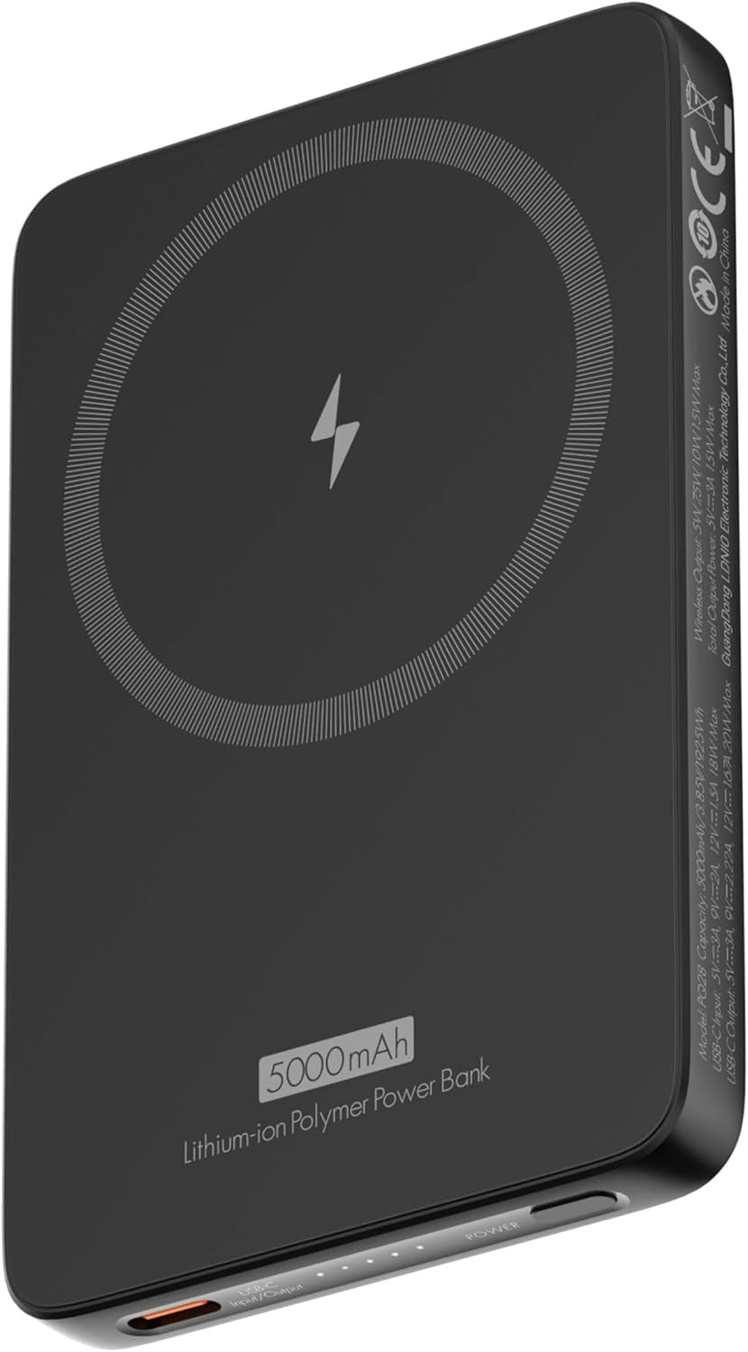 LDNIO Magnetic External Battery 5000mAh Aluminium - Magnetic iPhone Charger Wireless Portable Power Bank for iPhone, Compact and Lightweight, Black for iPhone 16/15/14/13/12