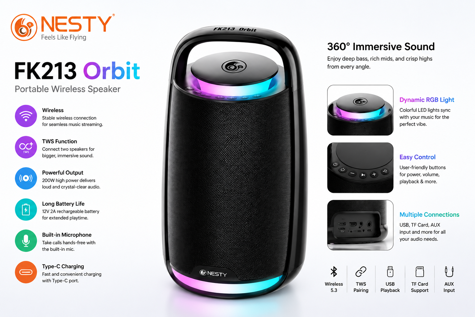 NESTY FK-213 Orbit Portable Bluetooth Speaker 400W Max Power – BT 5.4, Type-C Fast Charge, Wireless Mic Support, RGB Lights