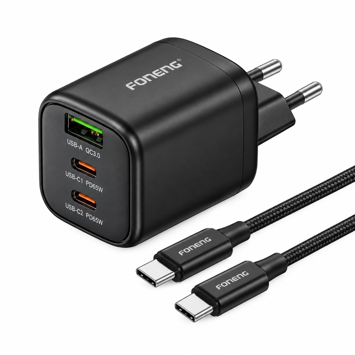 Foneng Cube-UK 65W GaN Fast Charger A+C+C 3-Port USB Charger With Type-C to Type-C Cable