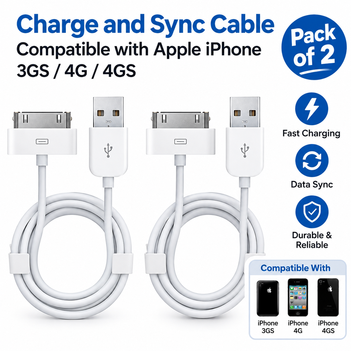Charge & Sync Cable Compatible with Apple iPhone 3GS, 4G & 4GS, 30-Pin USB Cable, Pack of 2