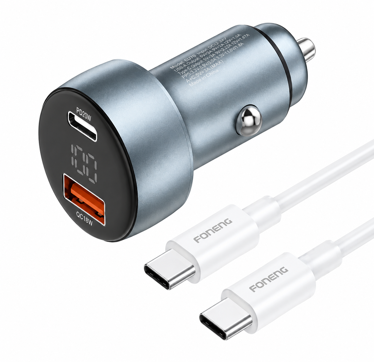 FONENG C18 48W Dual-Port Car Charger | USB-A + USB-C | PD 30W | QC 3.0 | PPS | Huawei SuperCharge | Fast Car Charger