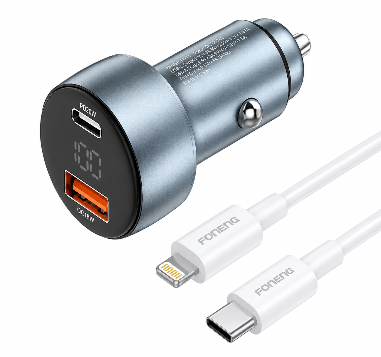 FONENG C18 48W Dual-Port Car Charger | USB-A + USB-C | PD 30W | QC 3.0 | PPS | Huawei SuperCharge | Fast Car Charger