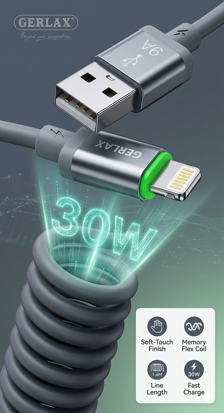 Gerlax GD-62L USB to Lightning Fast Charging Cable – 30W (1.6M ) | PD Fast Charge | Flexible Design
