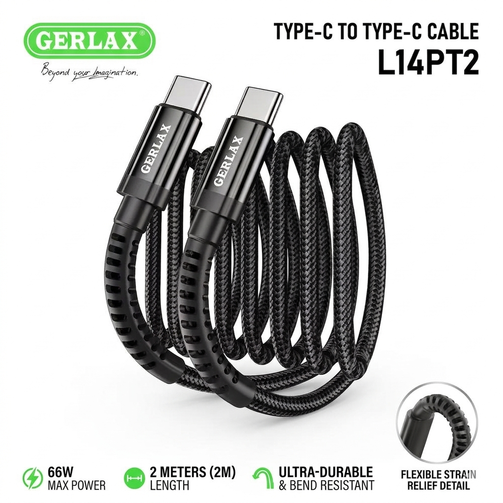 Gerlax L14PL2 USB-C to USB-C Fast Charging & Sync Nylon Braided Cable 66W | 2M | PD Fast Charge