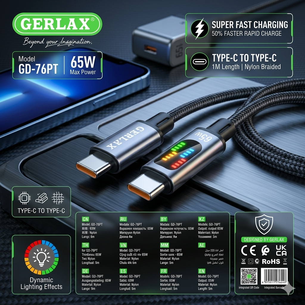 Gerlax GD-76PT Type-C to Type-C Fast Charging Cable – 65W PD (1M) with LED Display | Super Fast Charge