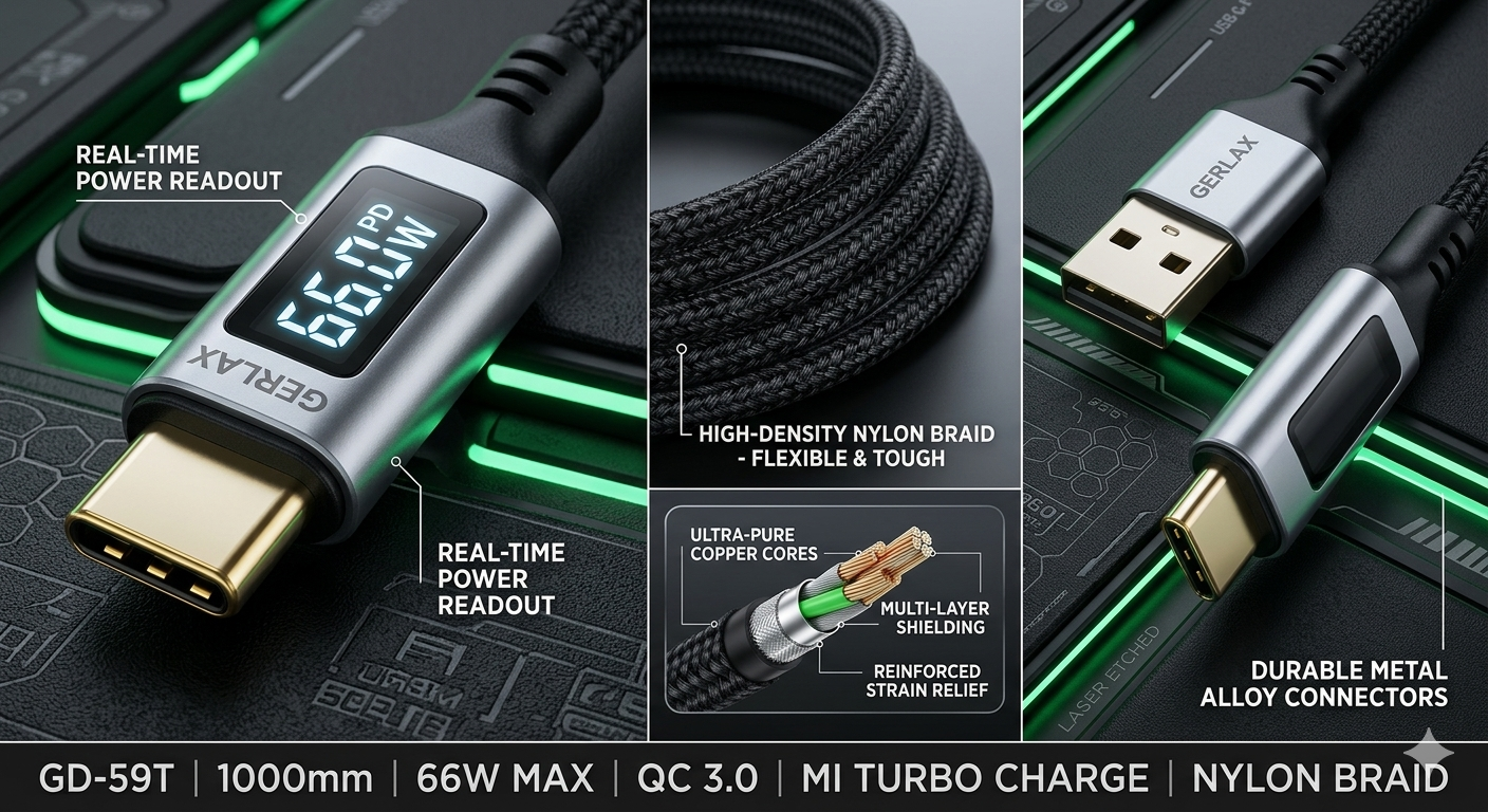 Gerlax GD-59T USB to Type-C Fast Charging Cable – 66W (1M) with LED Display | QC3.0 Super Charge