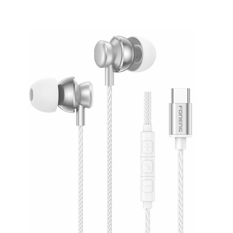 FONENG USB-C Wired Earbud Headphones Compatible with All USB-C Devices - White
