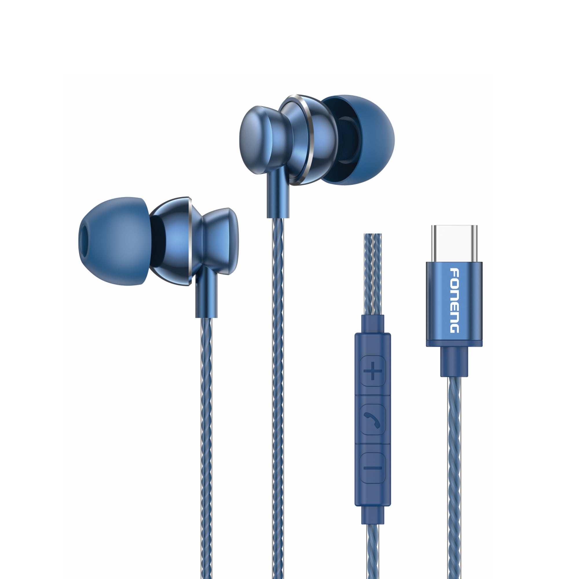 FONENG USB-C Wired Earbud Headphones Compatible with All USB-C Devices - Blue