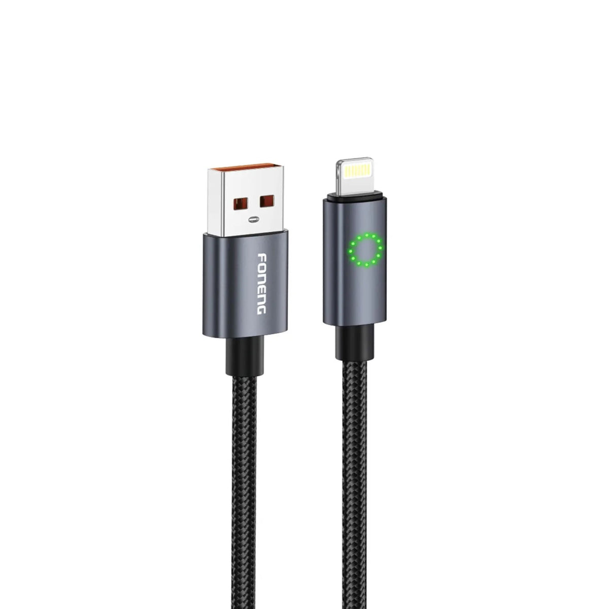 FONENG XS08 1.2M Metal Head Green Light Braided Fast Charging Cable | USB-A to Type-C / USB-A to Lightning | Type-C / Lightning