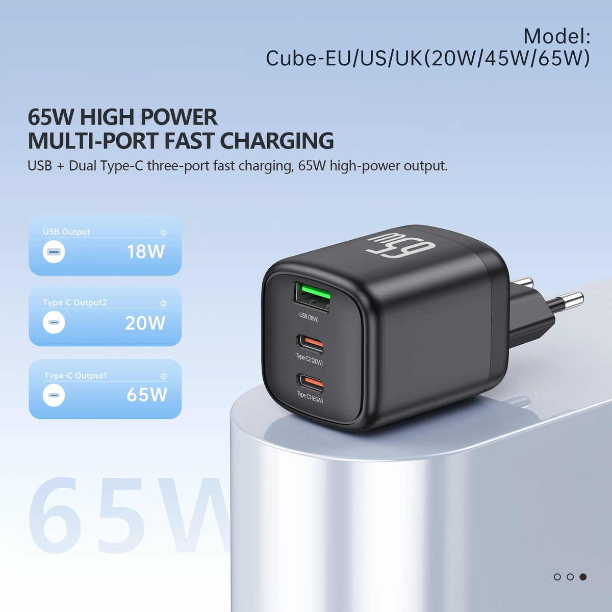 Foneng Cube-UK 65W GaN Fast Charger A+C+C 3-Port USB Charger With Type-C to Type-C Cable