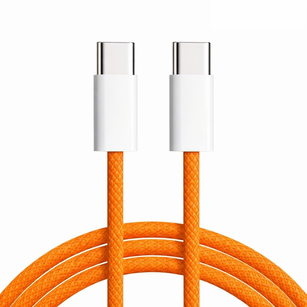 60W USB-C to USB-C Fast Charging Cable, Compatible with iPhone 17/16/15 Series, Samsung Galaxy, Google Pixel, Huawei, Xiaomi & Other USB-C Devices, Braided Type-C Charge & Sync Cable, Orange
