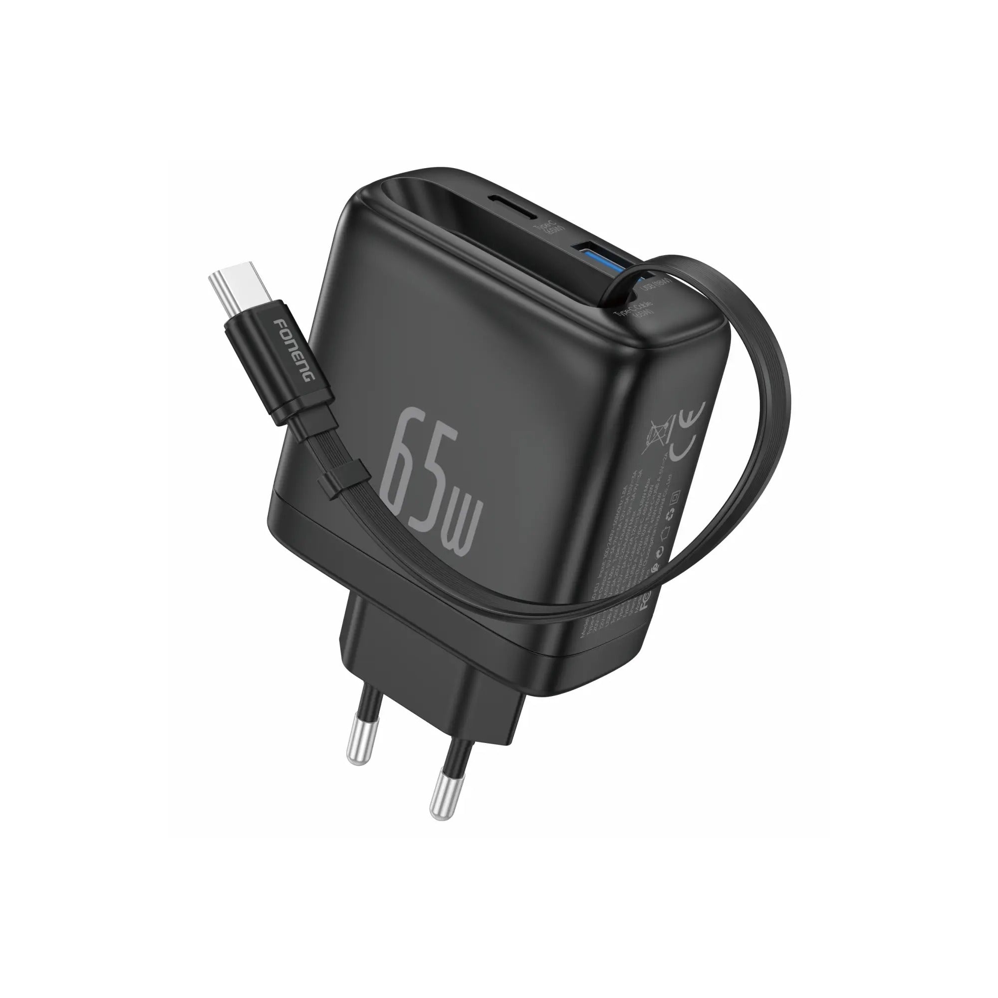 FONENG Max50-EU A+C 2-Port GaN Charger with Retractable Cable 65W Fast Charger