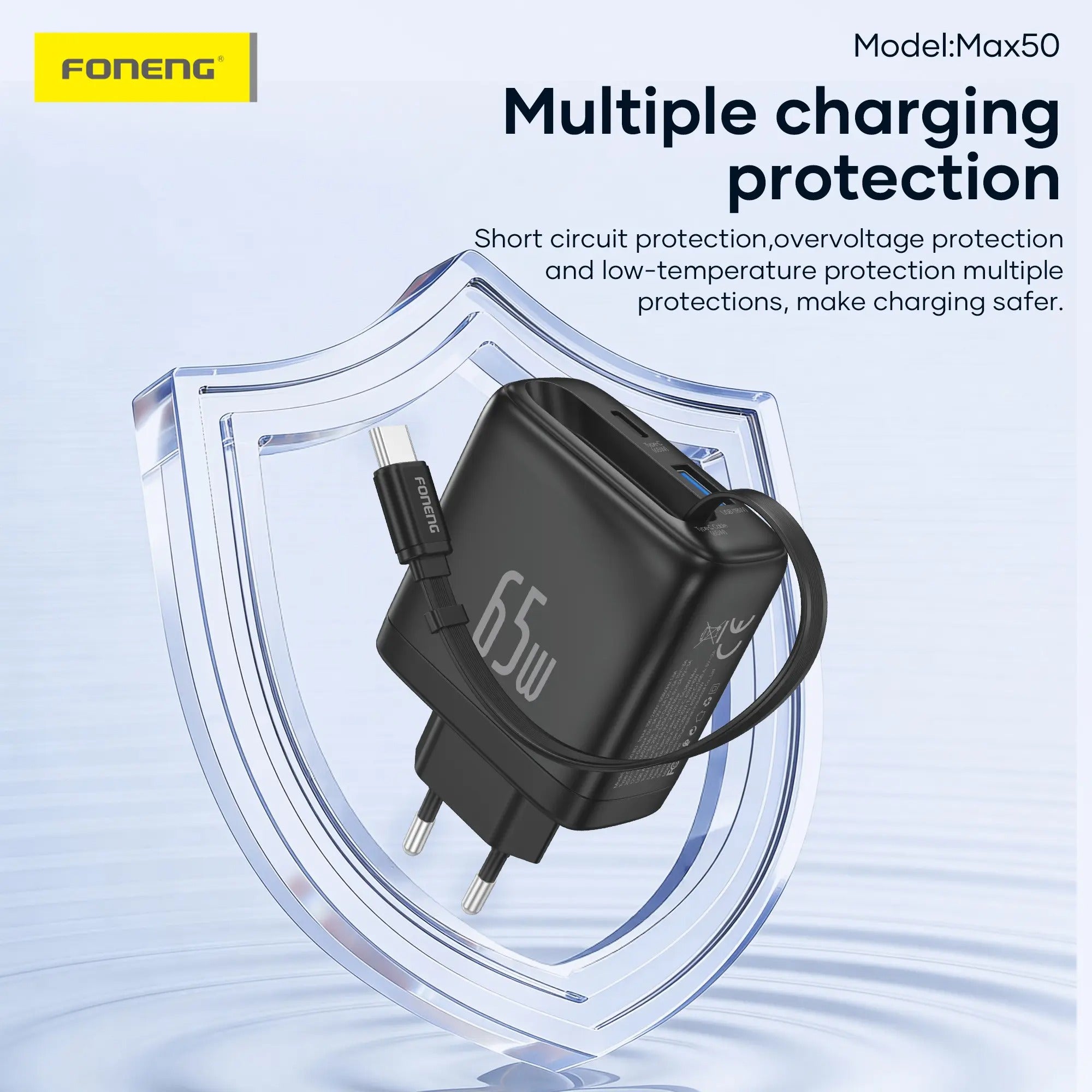 FONENG Max50-EU A+C 2-Port GaN Charger with Retractable Cable 65W Fast Charger