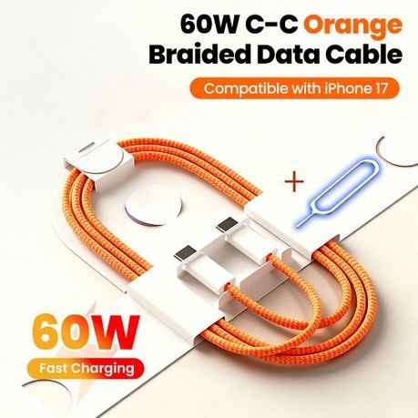 60W USB-C to USB-C Fast Charging Cable, Compatible with iPhone 17/16/15 Series, Samsung Galaxy, Google Pixel, Huawei, Xiaomi & Other USB-C Devices, Braided Type-C Charge & Sync Cable, Orange