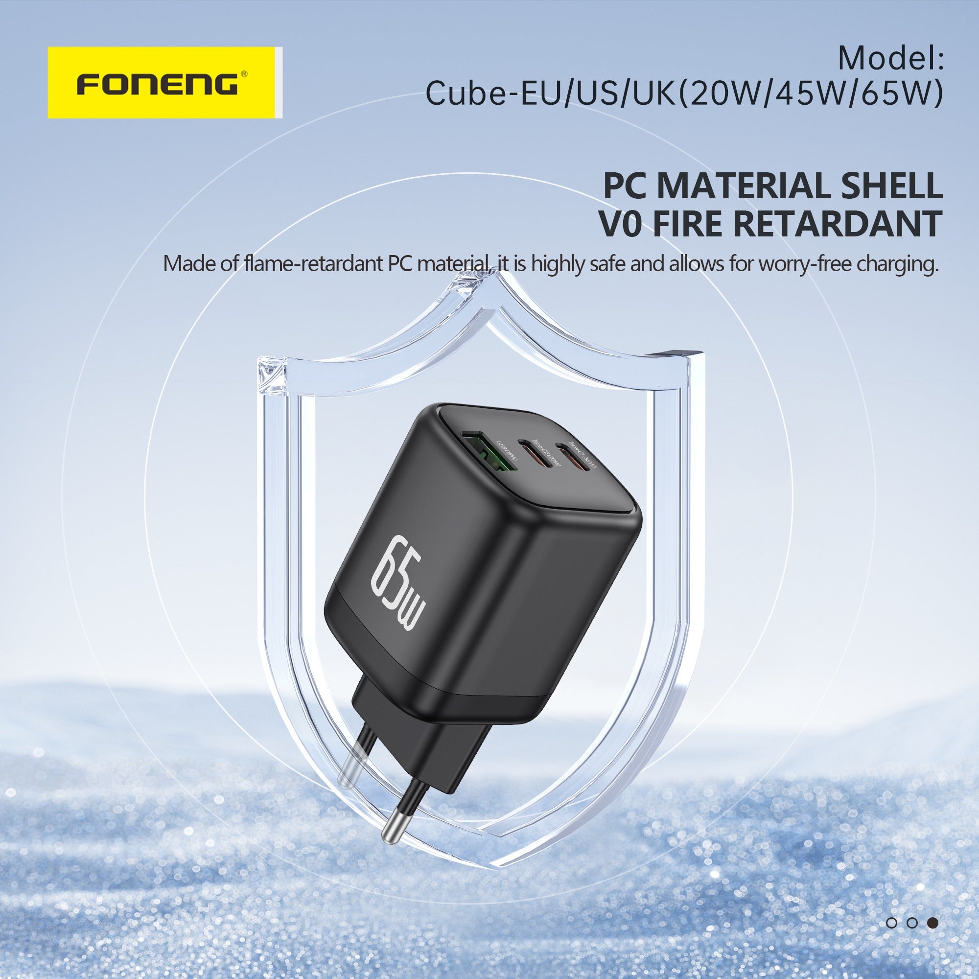 FONENG Cube-EU 65W GaN Charger, 3-Port USB-A + 2× USB-C USB-C Fast Charger, Compact Multi-Device Travel Charger