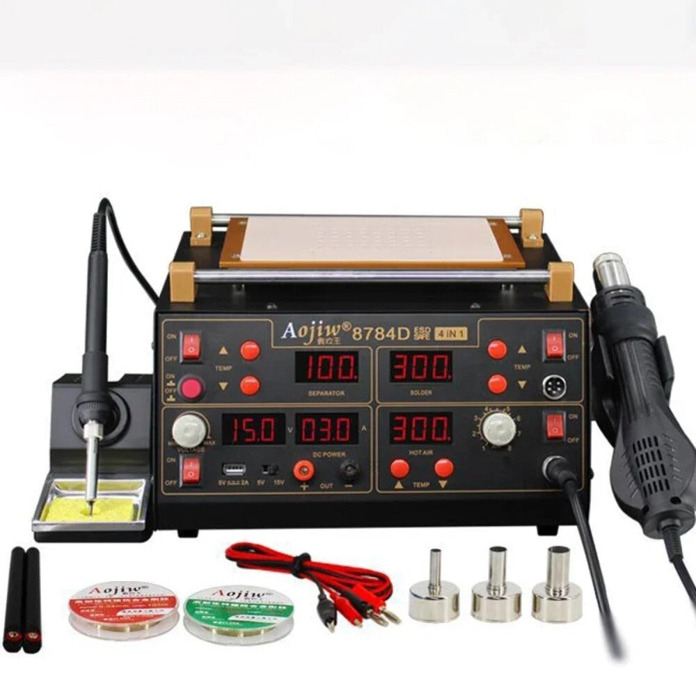 Aojiw 8784D 4-in-1 Digital Rework Station with Hot Air Gun, Soldering Iron, LCD Separator and DC Power Supply for Mobile Phone Repair