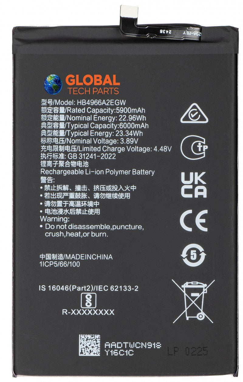 Replacement Battery for Honor X7b (CLK-LX1) HB4966A2EGW, 6000mAh Lithium-Polymer High Capacity Internal Battery