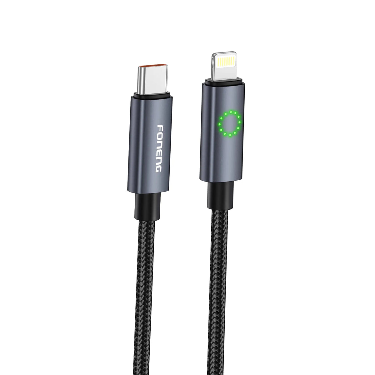 FONENG XS08 1.2M Green Light Braided Fast Charging Cable with Metal Head | Type-C 60W / Lightning 2.4A / PD27W