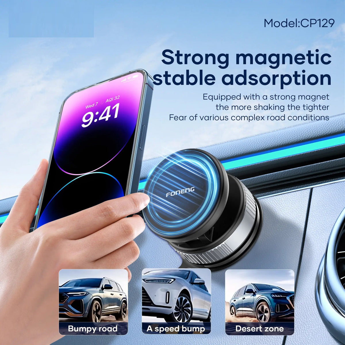 Foneng CP129 Vacuum Magnetic Phone Holder, Foldable Adjustable Smartphone Mount, Compact Car Phone Holder for 4.7-6.7 Inch Mobile Phones, ABS + TPU, Black