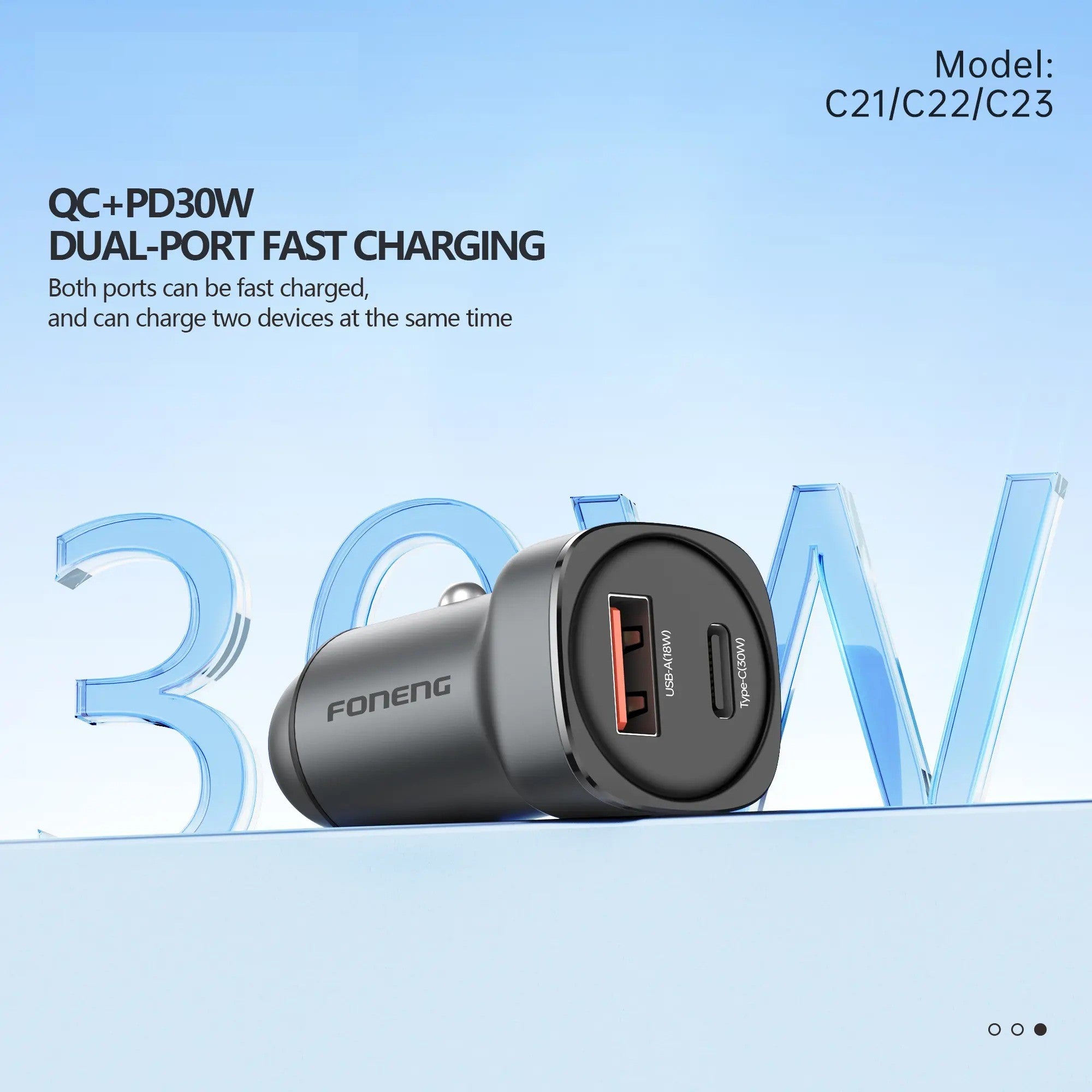 FONENG C23 30W Dual-Port Zinc Alloy Car Charger | USB-A + USB-C | PD & QC Fast Charging | 12V–24V