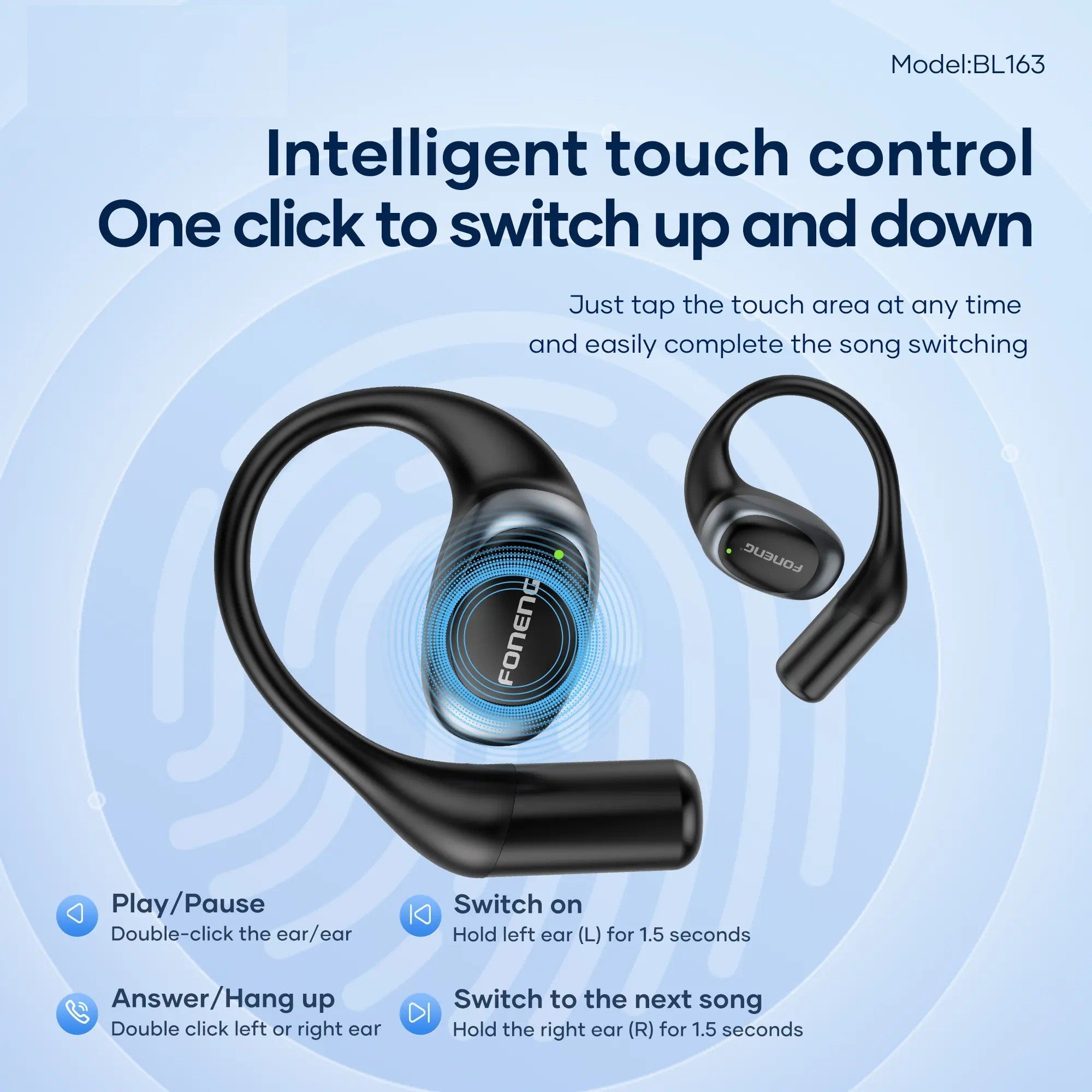 FONENG BL163 Open-Ear OWS Sports Earphones | Bluetooth 5.4 | 7-Hour Playtime | Directional Audio | Smart Touch Control | Type-C Charging (Black)