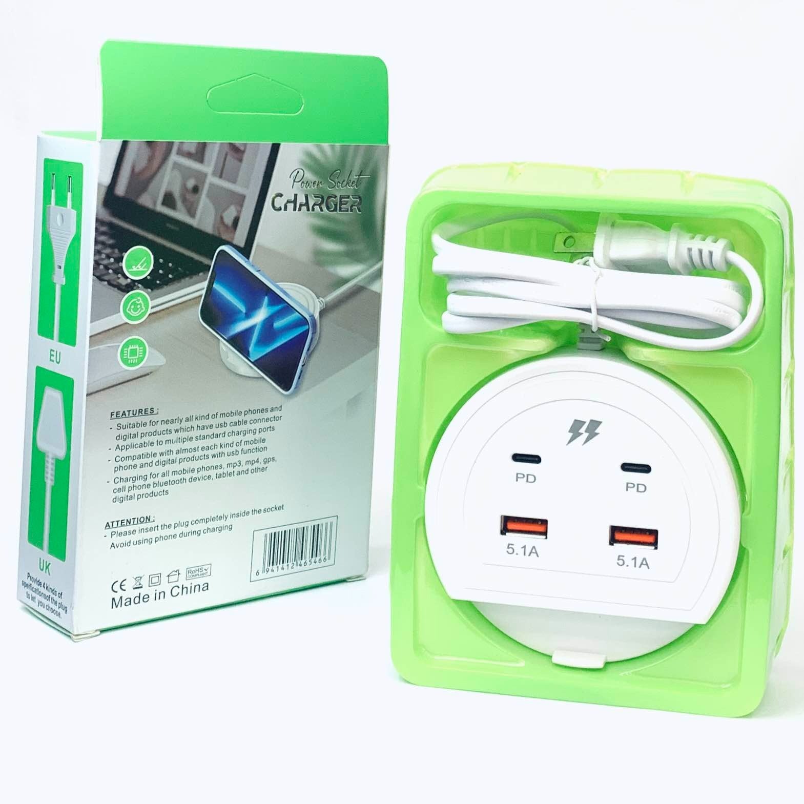 Fast Charging 5.1A Multiple Power Socket (2USB+2PD) Charger With Phone Stand