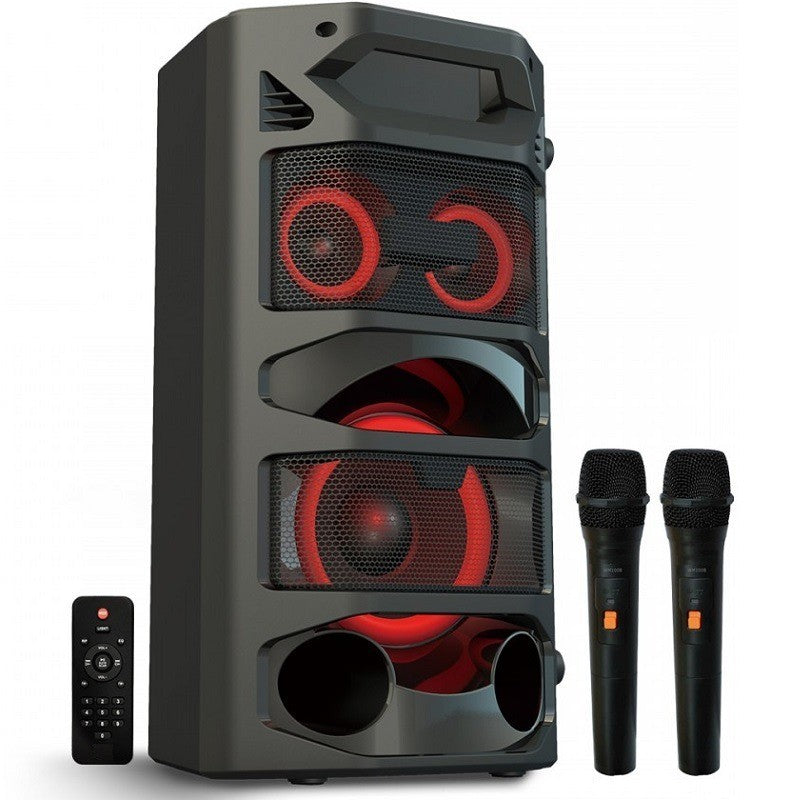 Wireless Bluetooth Portable Speaker with FM Radio and Wireless Handheld Microphones, LED Light Effects