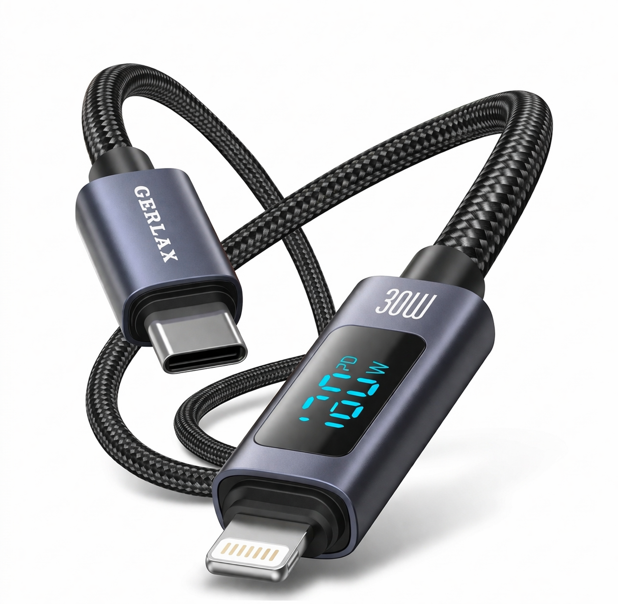 Gerlax Type-C to Lightning Charging Cable & Data Transfer – 30W (1M) with LED Display | QC3.0 Fast Charging