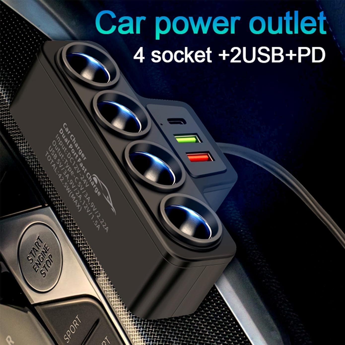 Multi-Function Cigarette Lighter Splitter, Cell Phone Charger, Car Charger, 4 Cigarette Lighter Sockets, 1 PD Fast Charger Port 2-Port USB Power Adapter for Cell Phones, car Charger Adapter