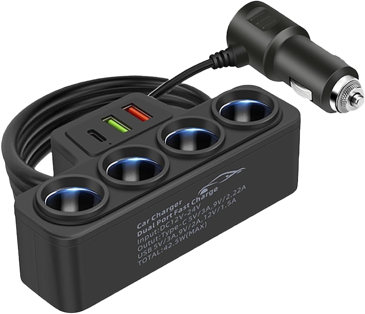 Multi-Function Cigarette Lighter Splitter, Cell Phone Charger, Car Charger, 4 Cigarette Lighter Sockets, 1 PD Fast Charger Port 2-Port USB Power Adapter for Cell Phones, car Charger Adapter
