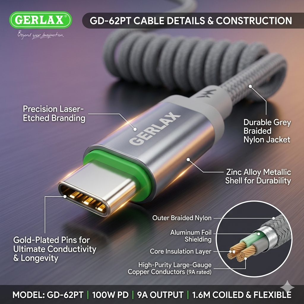 Gerlax GD-62PT USB-C to USB-C Fast Charging Cable – 100W (1.6M) Flexible Design | PD Fast Charge