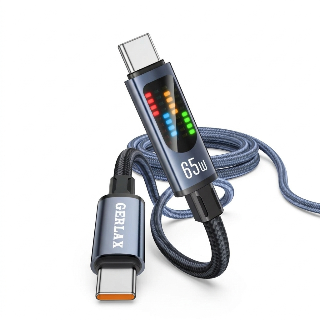 Gerlax GD-76PT Type-C to Type-C Fast Charging Cable – 65W PD (1M) with LED Display | Super Fast Charge