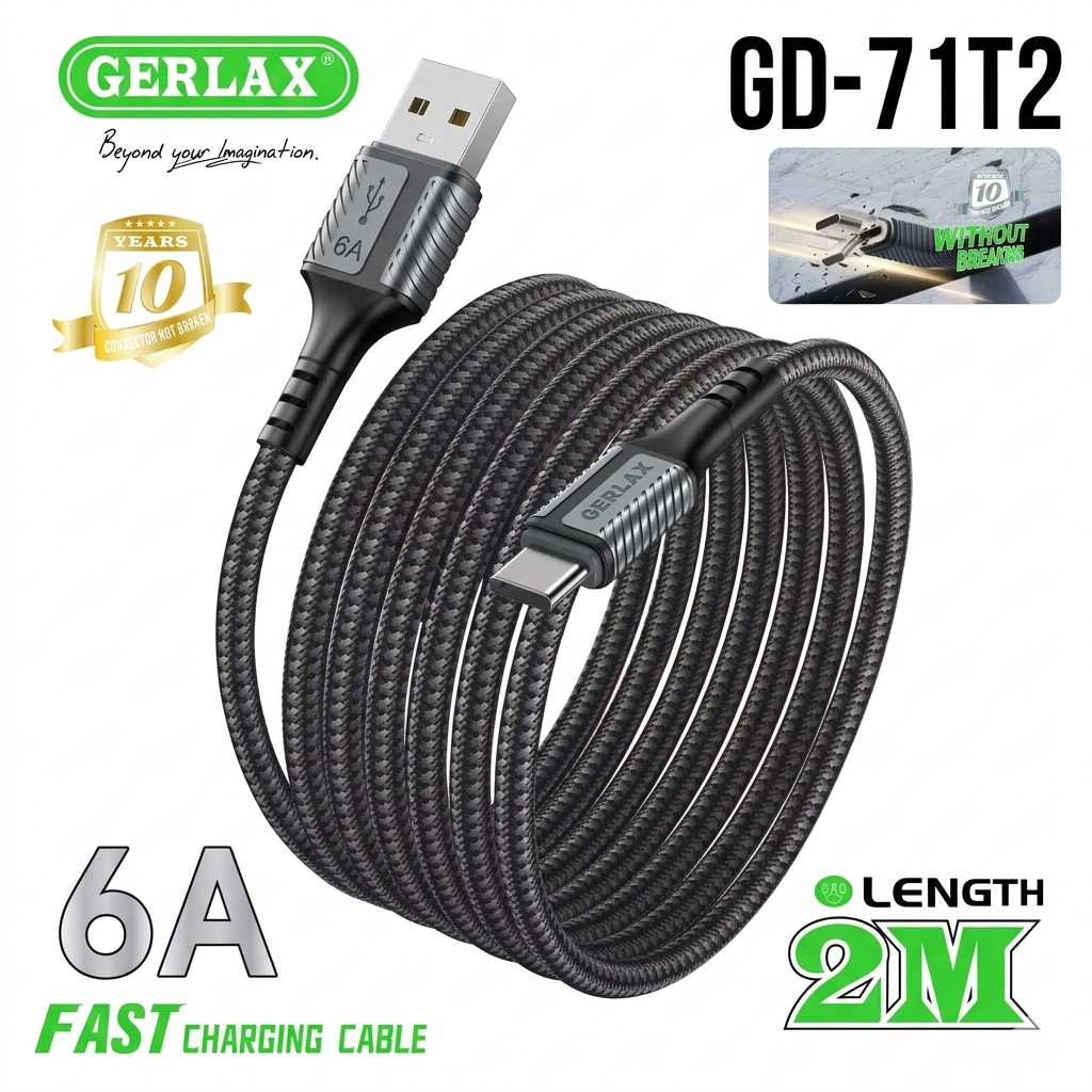 Gerlax GD-71T2 Fast Charging Cable (2M) | USB-A to Type-C | 6A Fast Charge | Nylon Braided | Heavy-Duty Design