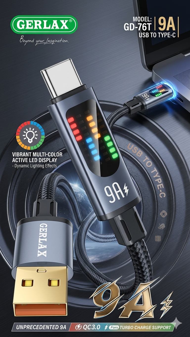 Gerlax GD-76T USB to Type-C Fast Charging Cable 9A (1M) With LED Display | QC3.0 Turbo Charge