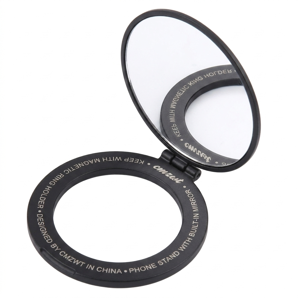 Magnetic Folding Phone Ring Holder with Built-In Mirror, Gold, Zinc Alloy, Ultra Slim, Round
