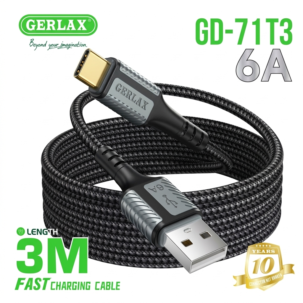 Gerlax GD-71T3 Fast Charging Cable (3M) | USB-A to Type-C 6A Fast Charge | Nylon Braided | Heavy-Duty Design