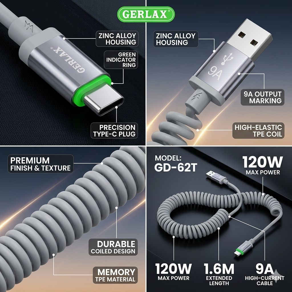 Gerlax GD-62T USB to Type-C Fast Charging Cable 120W (1.6M) | PD Fast Charge | Flexible Design