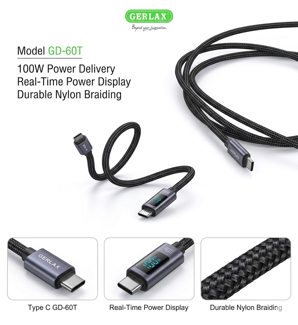 Gerlax Type-C to Type-C Charging Cable & Data Transfer 100W (1M) with LED Display | QC3.0 Fast Charging