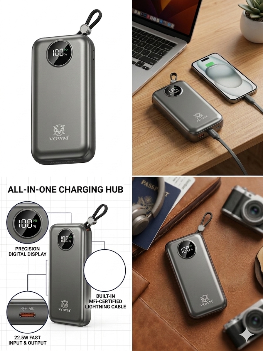 20000mAh Power Bank with Built-in Cables – 22.5W Fast Charging + PD 20W