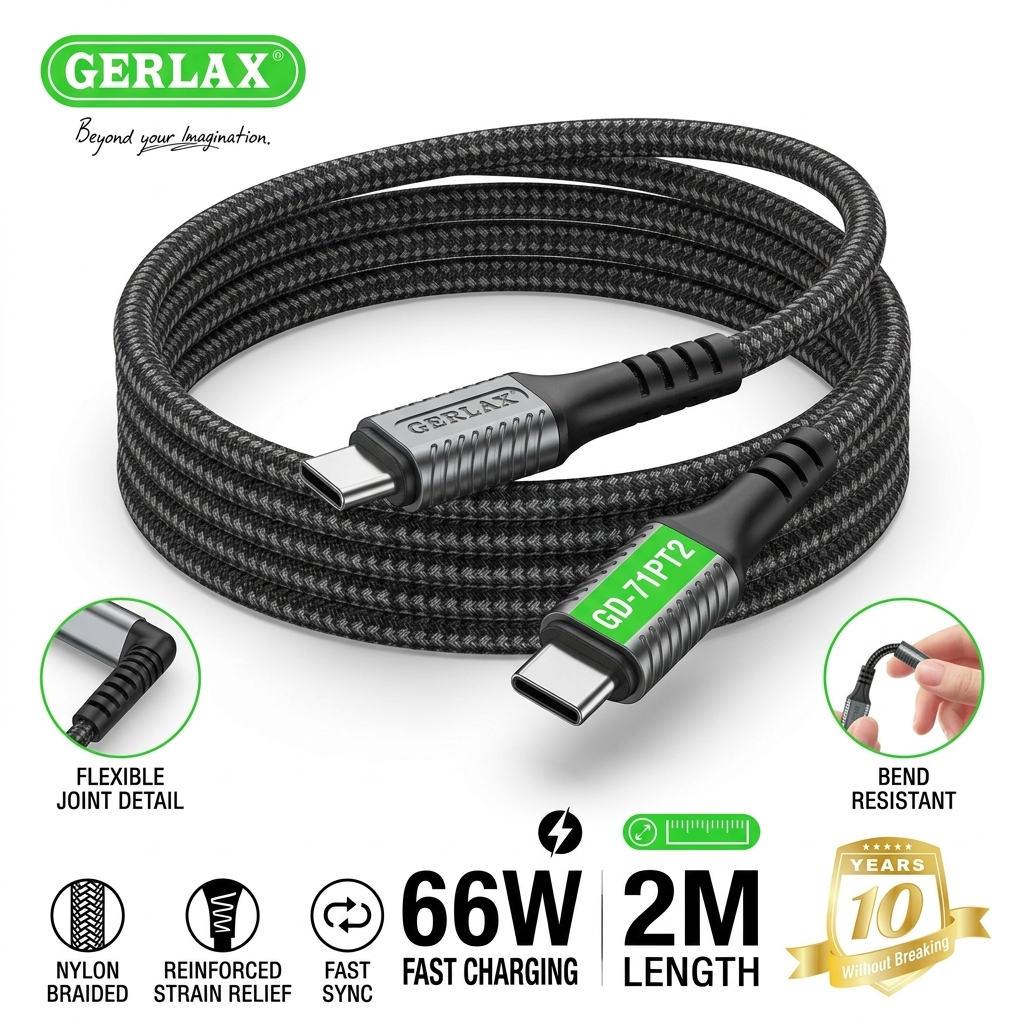Gerlax GD-71PT2 USB-C to USB-C Fast Charging Cable – 66W (2M) | PD Fast Charge | Nylon Braided | Flexible Design