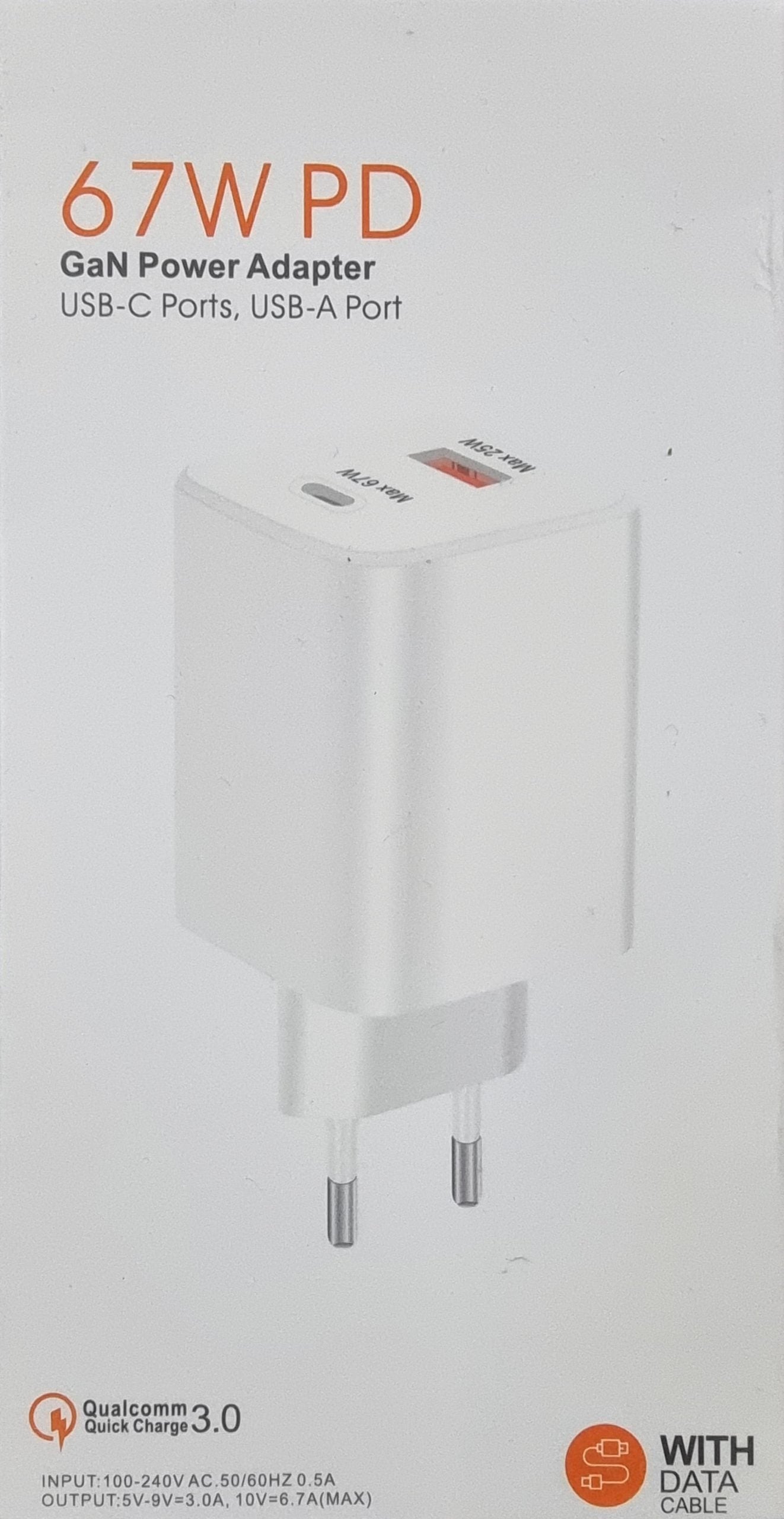 67W GaN USB-C & USB-A Quick Charger with Data Cable – Qualcomm 3.0 Power Delivery & Fast Charging