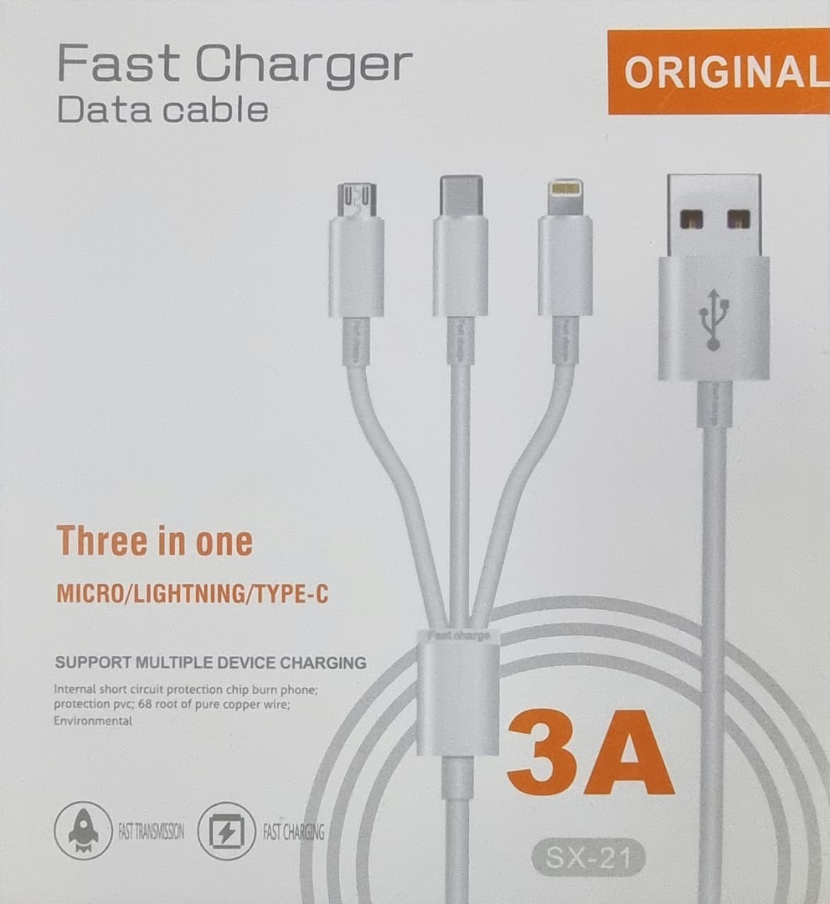 3A Fast Charge One-to-three PVC case Charging Cable Suitable for Type-C Android Mobile Phone USB Three-in-one Data Cable