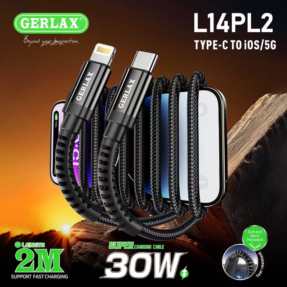 Gerlax GD-L14PL2 USB-C to Lightning Fast Charging & Sync Nylon Braided Cable – 30W | 2M | PD Fast Charge