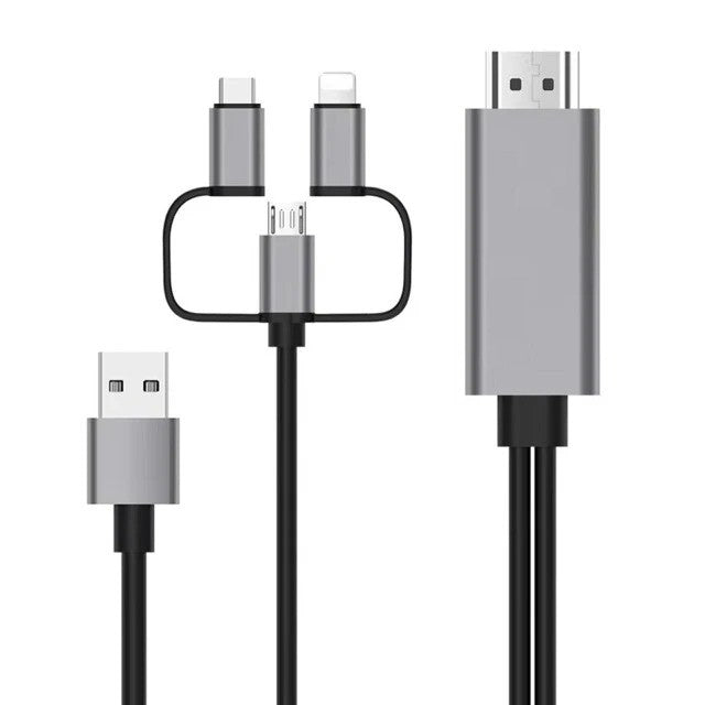 3-in-1 HDMI Adapter Cable, USB A Male to Micro USB/ Type-C/Lightning Port for Smartphones/Tablets, Silver/Black