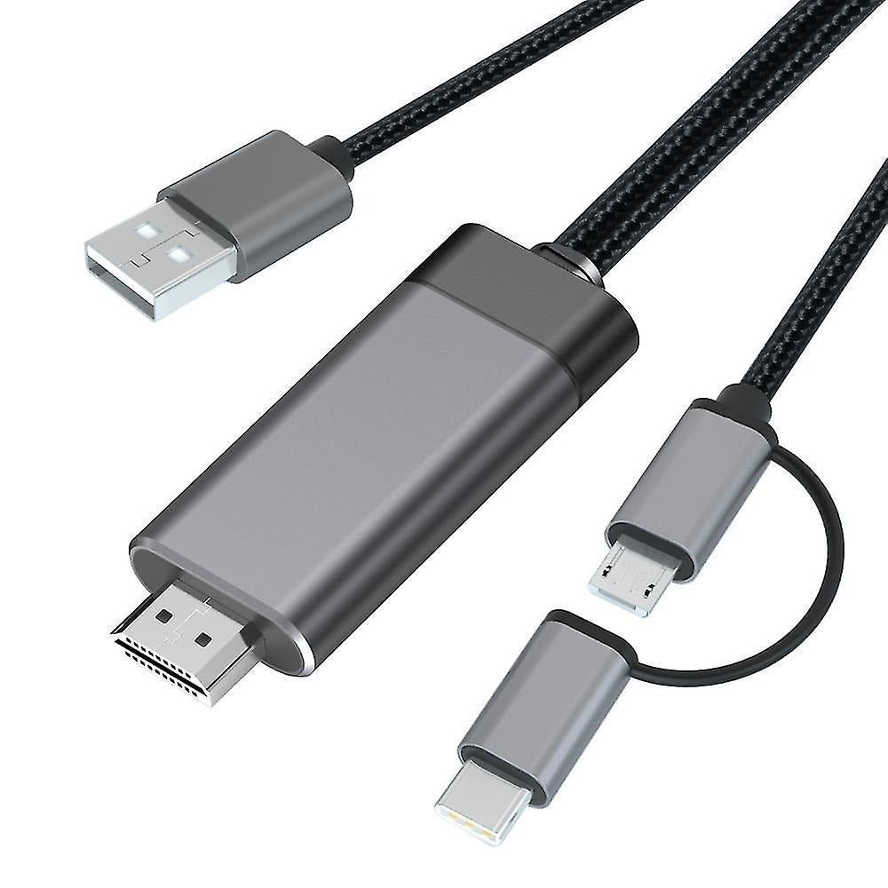 3-in-1 HDMI Adapter Cable, USB A Male to Micro USB/ Type-C/Lightning Port for Smartphones/Tablets, Silver/Black