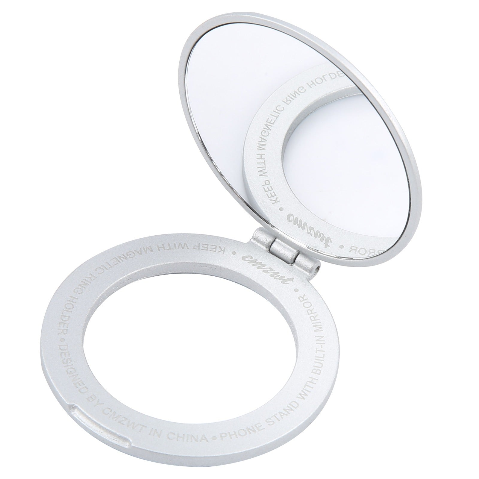 Magnetic Folding Phone Ring Holder with Built-In Mirror, Gold, Zinc Alloy, Ultra Slim, Round